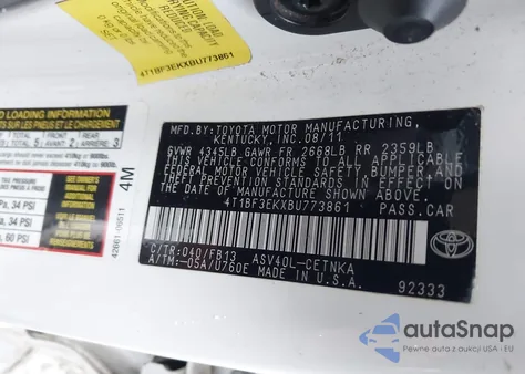 2011 Toyota Camry Le from USA, damaged, VIN 4T1BF3EKXBU773861